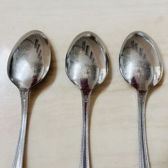 3pc F.B Rogers by Towle Norfolk Soup Spoon Stainless 7 1/4” Beaded Edge Glossy - Picture 7 of 8